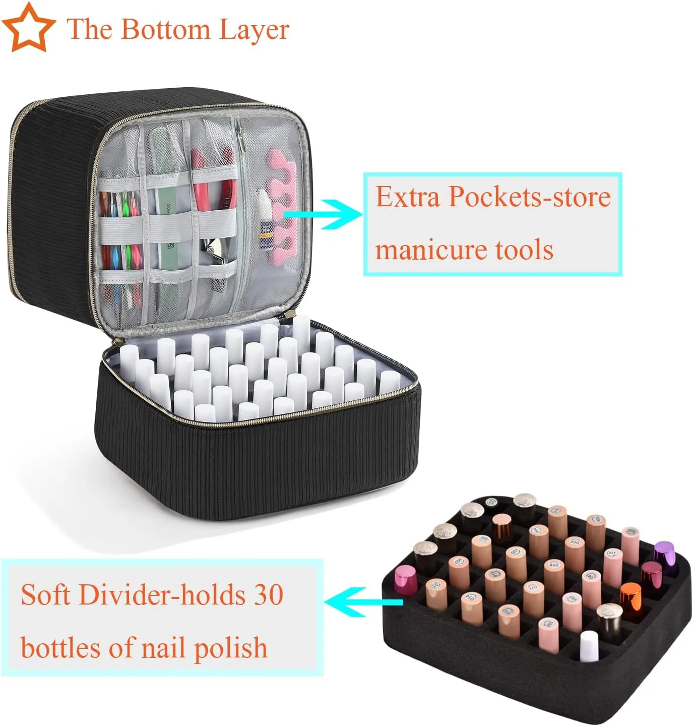 Corduroy Nail Polish Organizer and Nail Lamp Case, Nail Kit Organizer Holds 30 Bottles (15ml - 0.5 fl.oz) and a Nail Lamp, Nail Polish Carrying Case with Manicure Tools Storage Sections (Black)