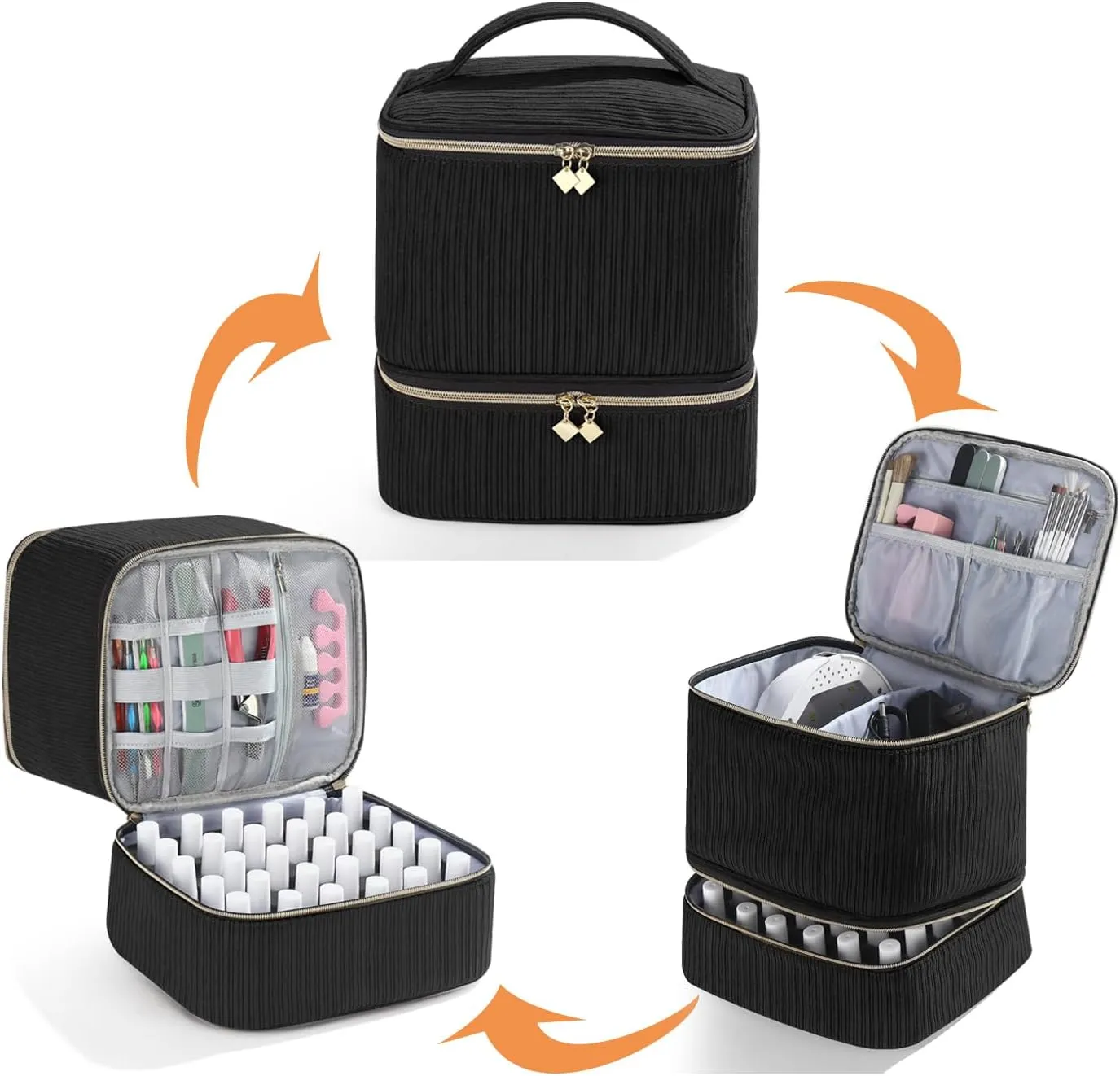 Corduroy Nail Polish Organizer and Nail Lamp Case, Nail Kit Organizer Holds 30 Bottles (15ml - 0.5 fl.oz) and a Nail Lamp, Nail Polish Carrying Case with Manicure Tools Storage Sections (Black)