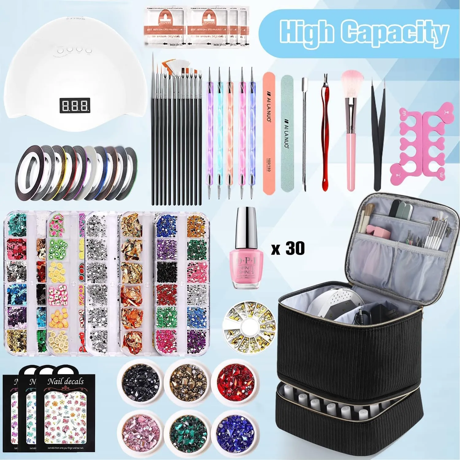 Corduroy Nail Polish Organizer and Nail Lamp Case, Nail Kit Organizer Holds 30 Bottles (15ml - 0.5 fl.oz) and a Nail Lamp, Nail Polish Carrying Case with Manicure Tools Storage Sections (Black)