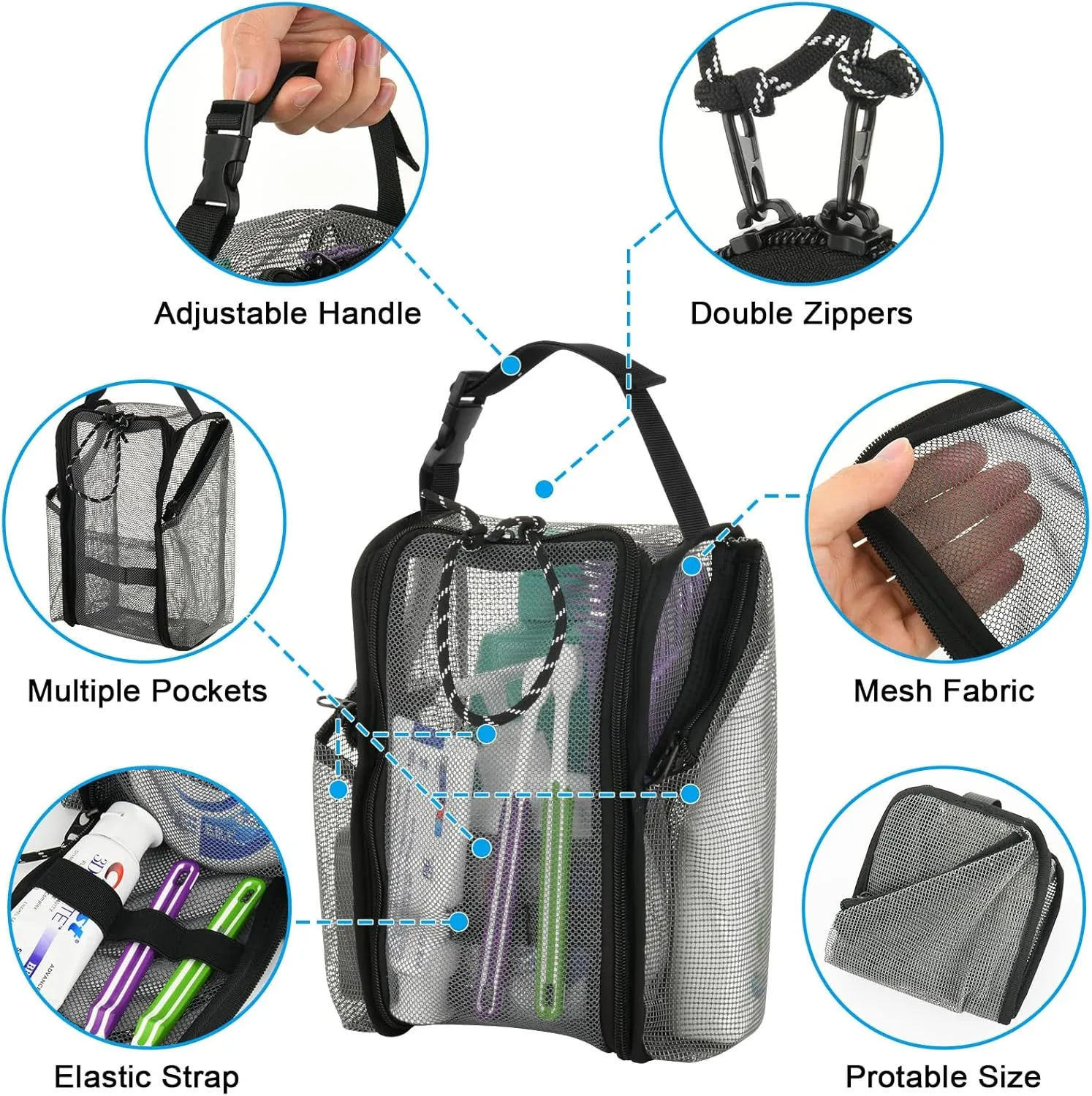 Cosmos Mesh Shower Caddy Toiletry Organizer Hanging Shower Tote Bag, Quick Dry Shower Organizer Portable Bath Bag with Durable Zippers & Side Pockets for Travel Gym Swimming Beach & Camp (Gray)