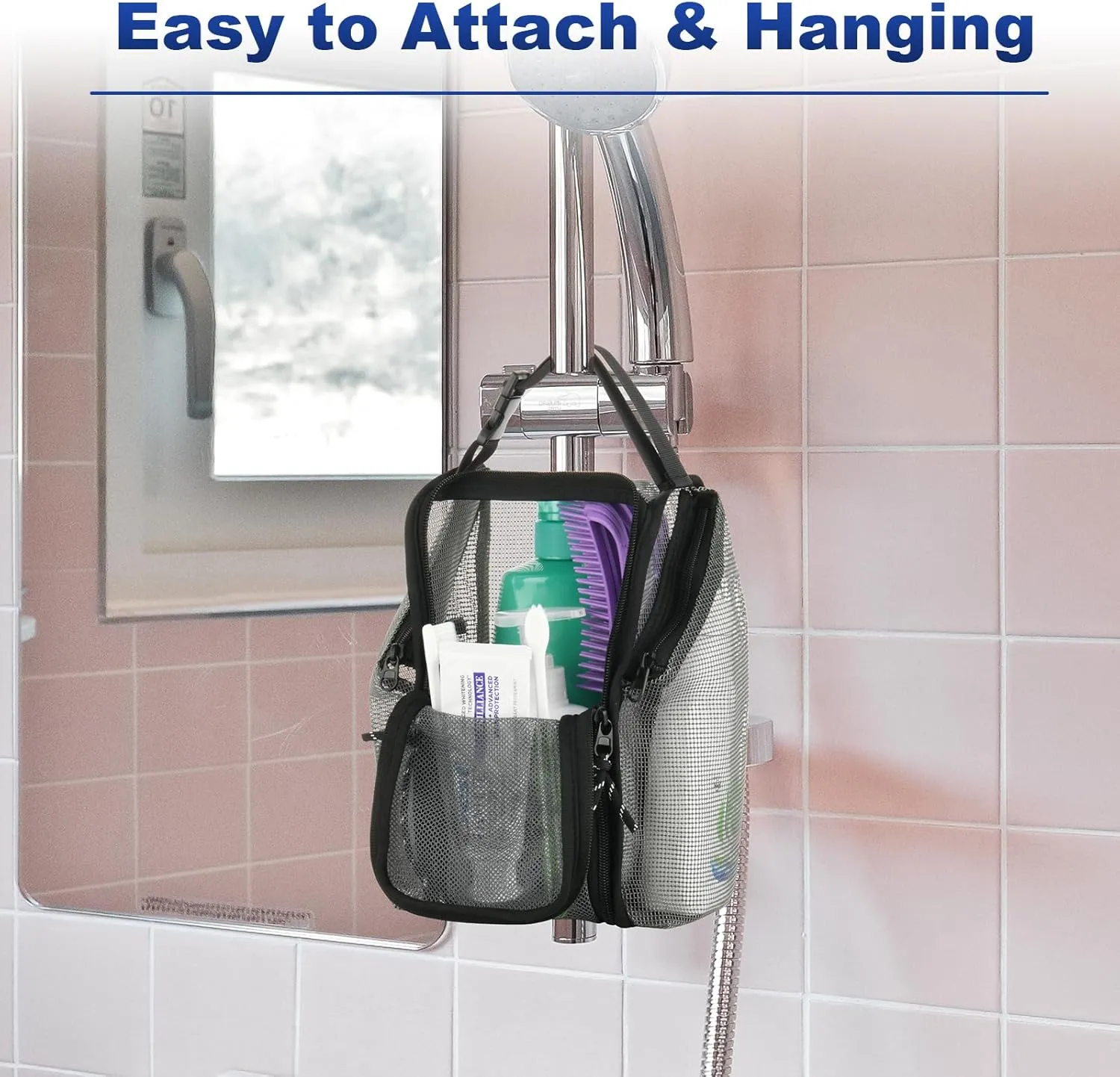 Cosmos Mesh Shower Caddy Toiletry Organizer Hanging Shower Tote Bag, Quick Dry Shower Organizer Portable Bath Bag with Durable Zippers & Side Pockets for Travel Gym Swimming Beach & Camp (Gray)