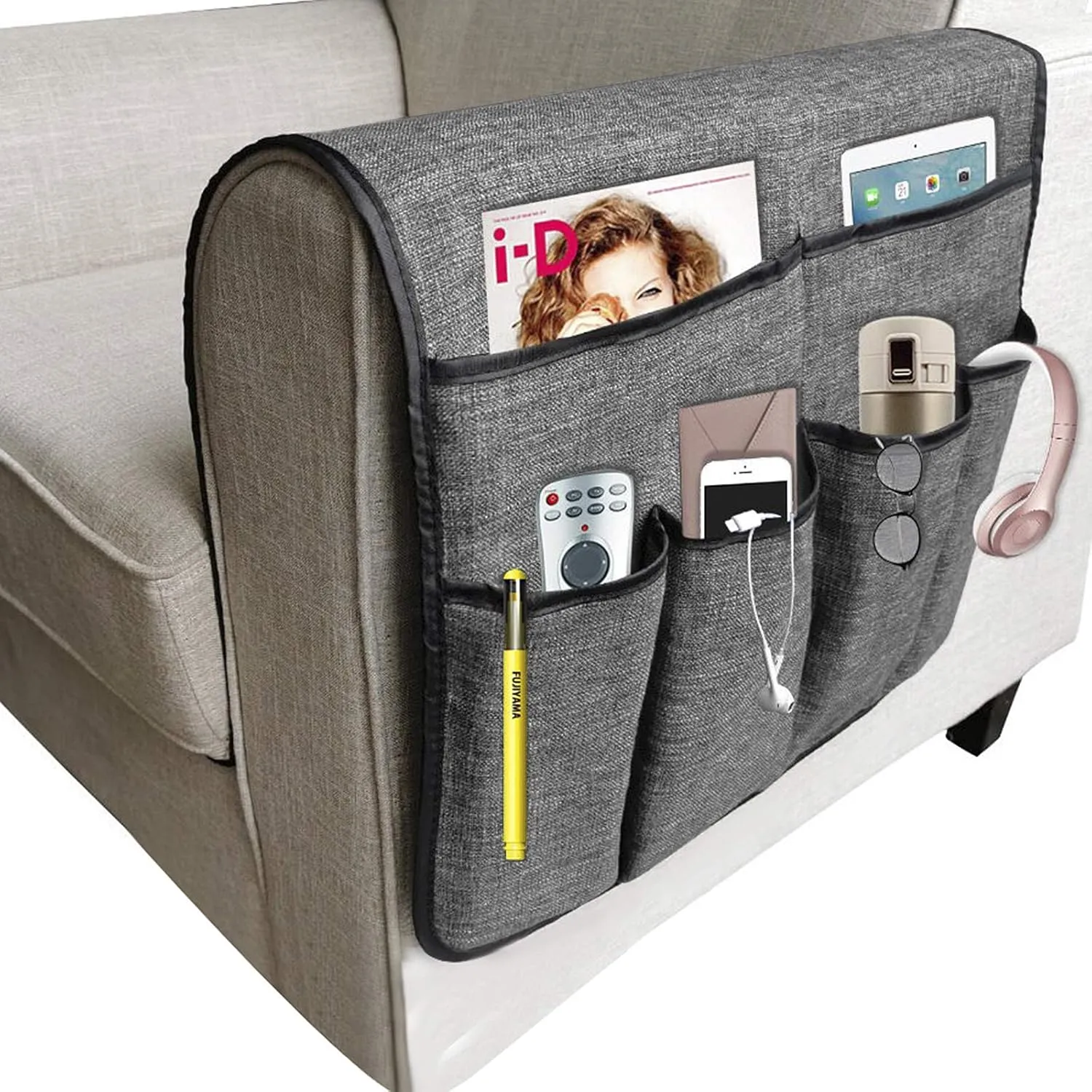 Couch Sofa Armrest Organiser Arm Chair Caddy Bedside Storage Pocket with 8 Pockets TV Remote Holder Bed Storage Pocket Bag for Cellphone Tablet Notepad Book Magazines DVD Glasses