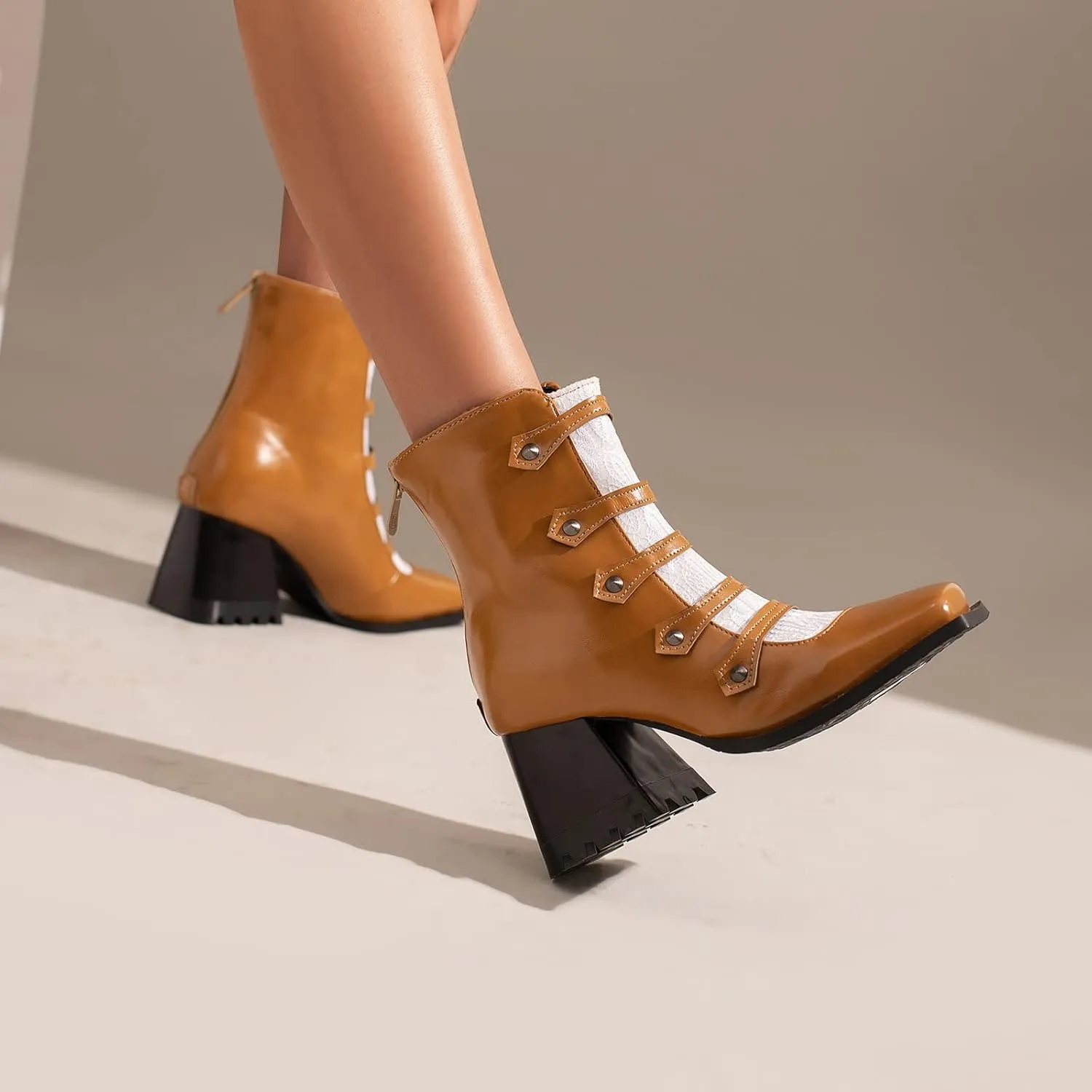 Cozivwaiy Square Toe Ankle Boots for Women Colorblocked Block Mid Heel Booties Ankle High Dress Boots Zipper Boots Women