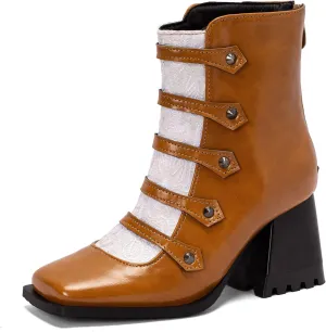 Cozivwaiy Square Toe Ankle Boots for Women Colorblocked Block Mid Heel Booties Ankle High Dress Boots Zipper Boots Women