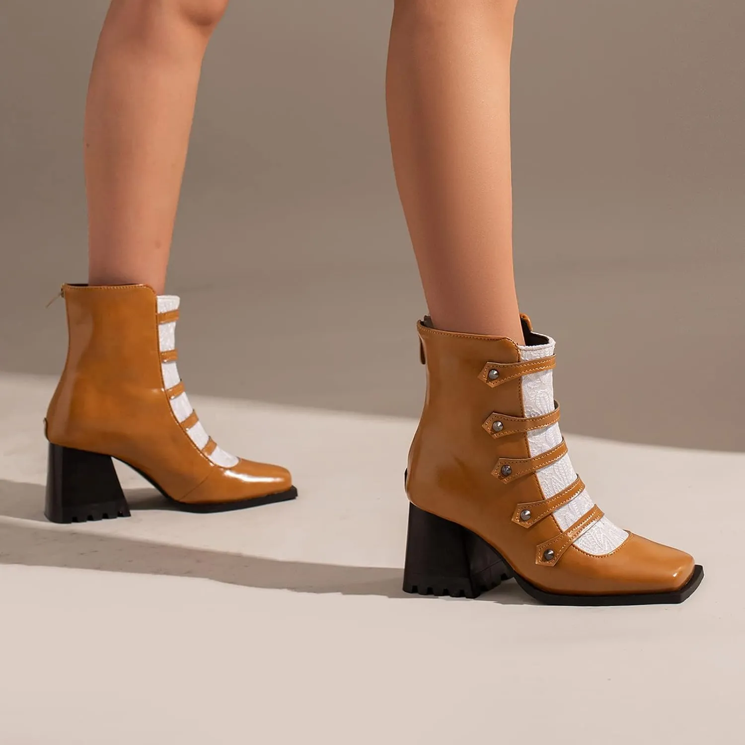Cozivwaiy Square Toe Ankle Boots for Women Colorblocked Block Mid Heel Booties Ankle High Dress Boots Zipper Boots Women