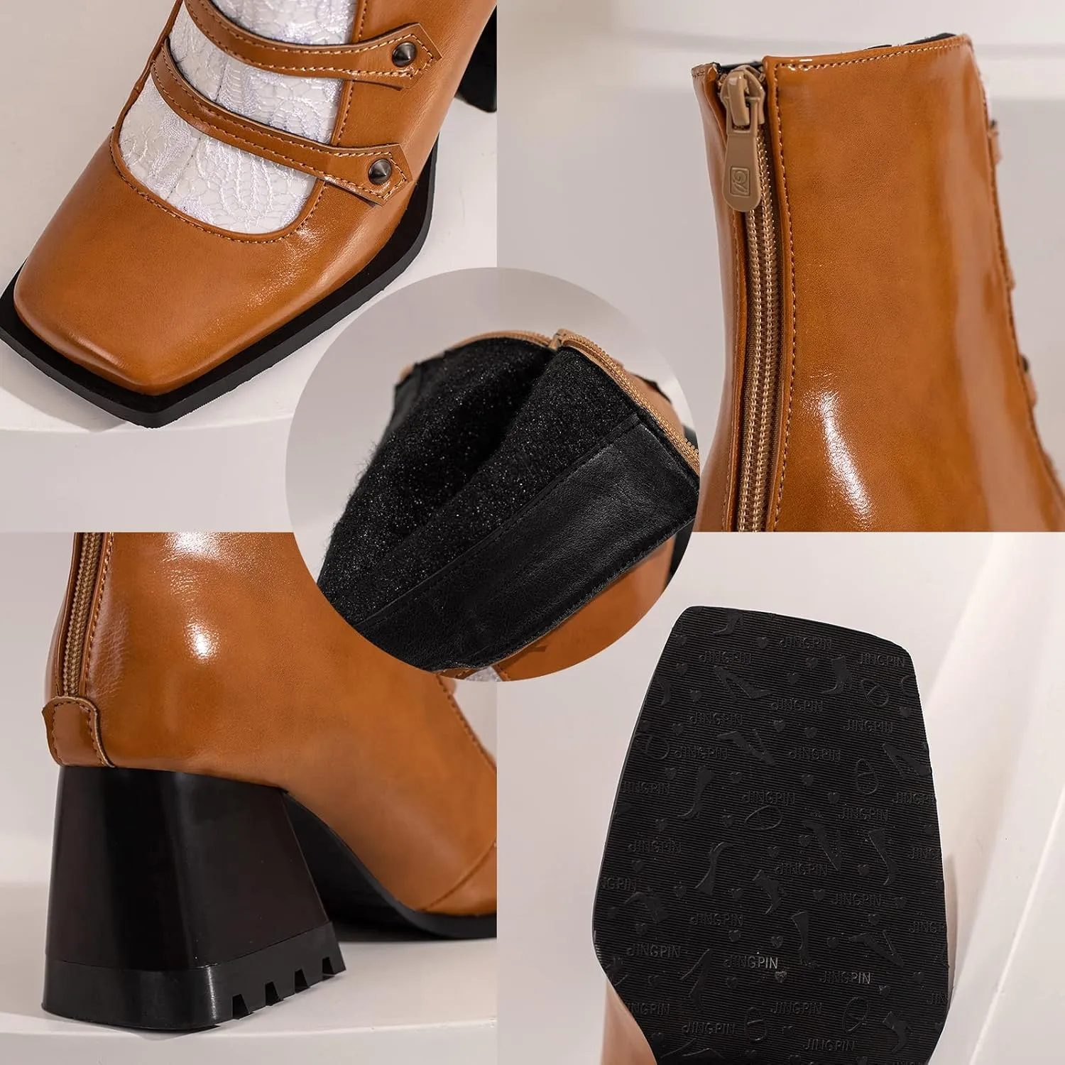 Cozivwaiy Square Toe Ankle Boots for Women Colorblocked Block Mid Heel Booties Ankle High Dress Boots Zipper Boots Women
