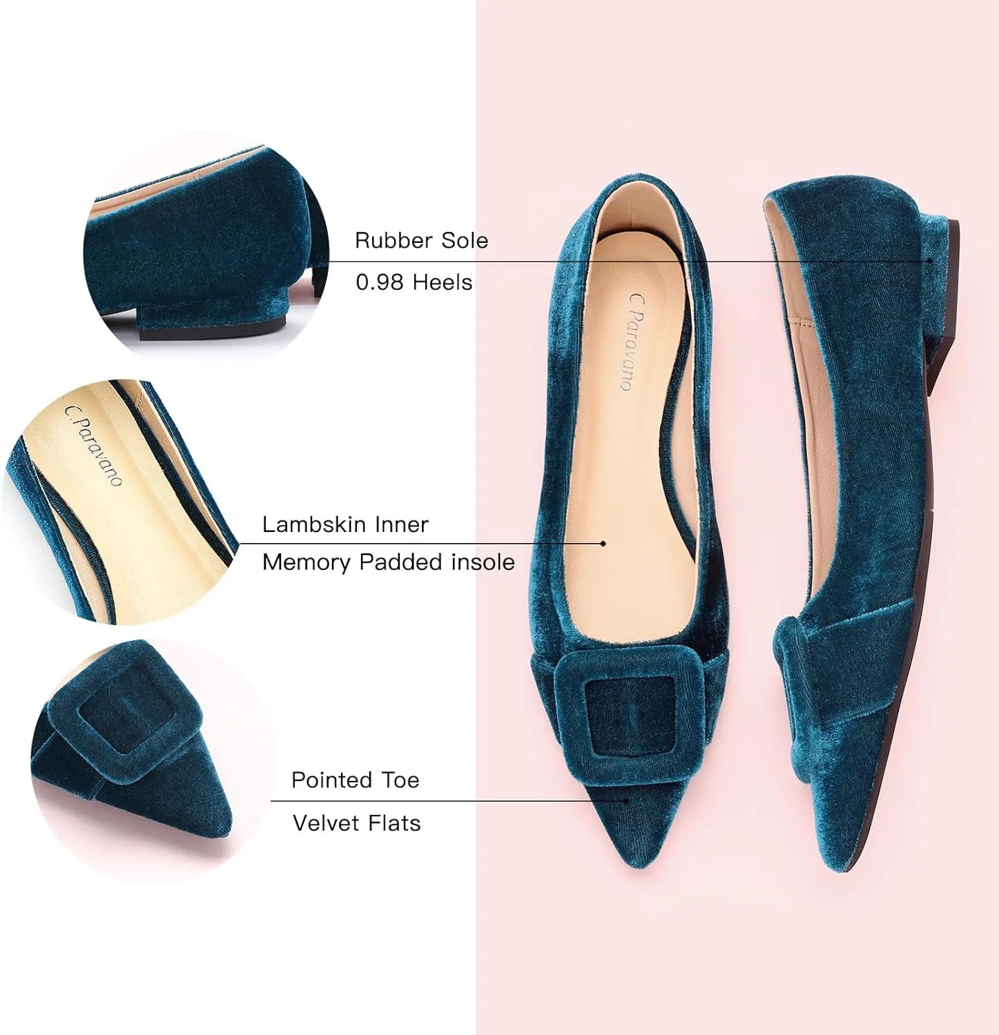 C.Paravano Women's Flats Velvet Pointed Toe Flats Slip-On Casual Work Shoes for Daily Wear Comfortable Stylish Ballet Flats