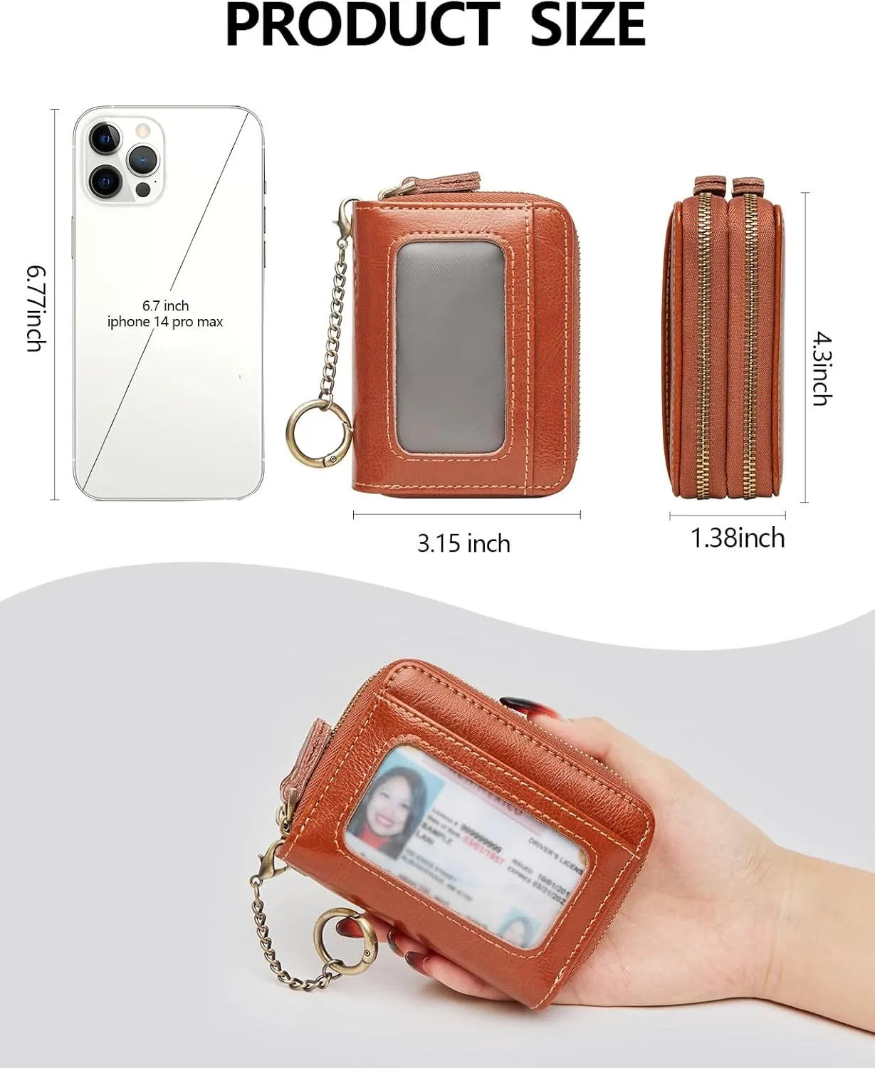 Credit Card Holder for Women, RFID Blocking Wallet Small Leather Wallet Women with Accordion Zipper, Card Wallet Keychain Brown