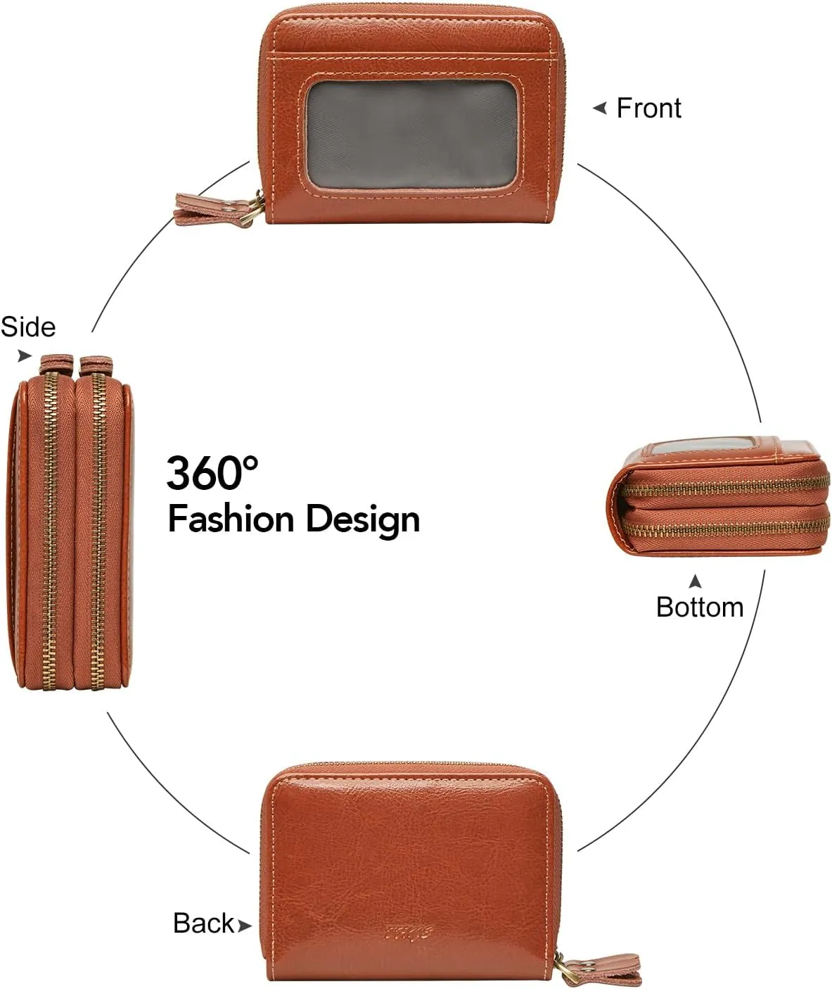Credit Card Holder for Women, RFID Blocking Wallet Small Leather Wallet Women with Accordion Zipper, Card Wallet Keychain Brown
