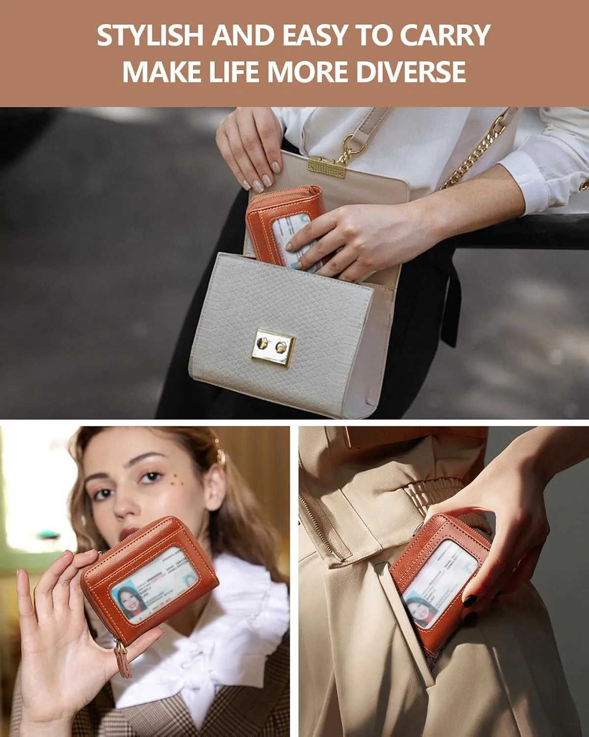 Credit Card Holder for Women, RFID Blocking Wallet Small Leather Wallet Women with Accordion Zipper, Card Wallet Keychain Brown