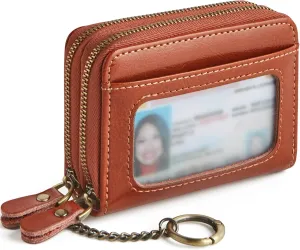 Credit Card Holder for Women, RFID Blocking Wallet Small Leather Wallet Women with Accordion Zipper, Card Wallet Keychain Brown