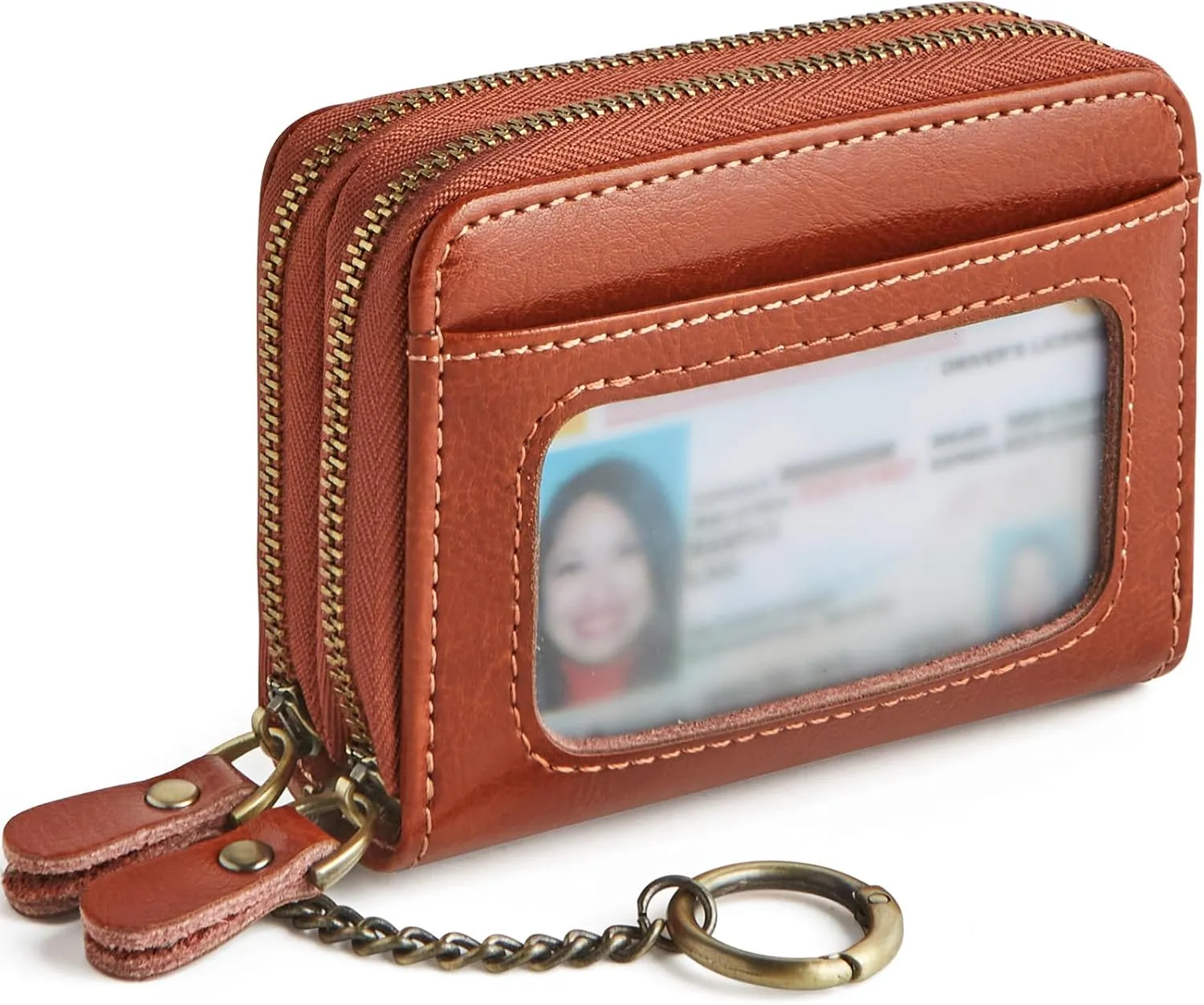 Credit Card Holder for Women, RFID Blocking Wallet Small Leather Wallet Women with Accordion Zipper, Card Wallet Keychain Brown