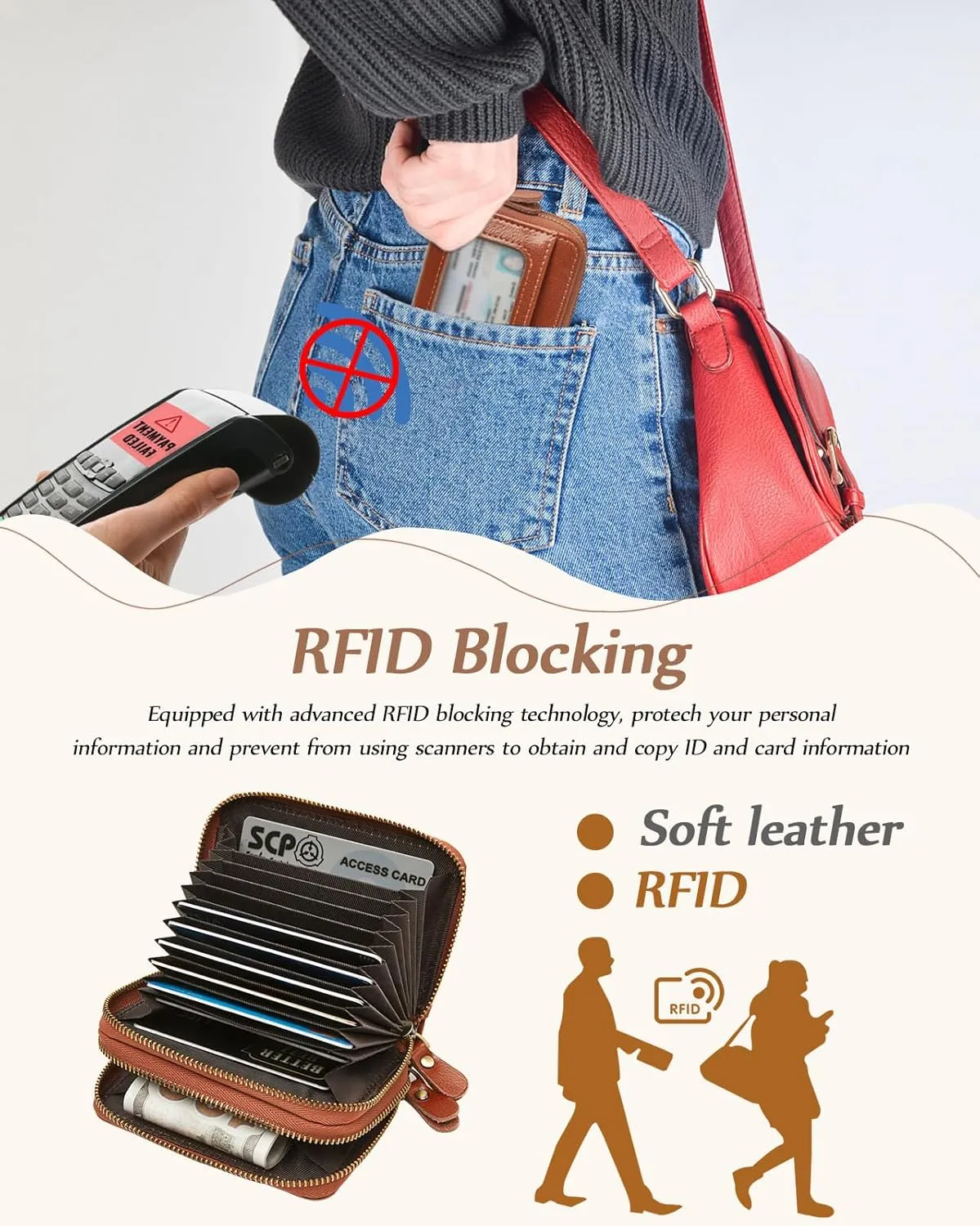 Credit Card Holder for Women, RFID Blocking Wallet Small Leather Wallet Women with Accordion Zipper, Card Wallet Keychain Brown