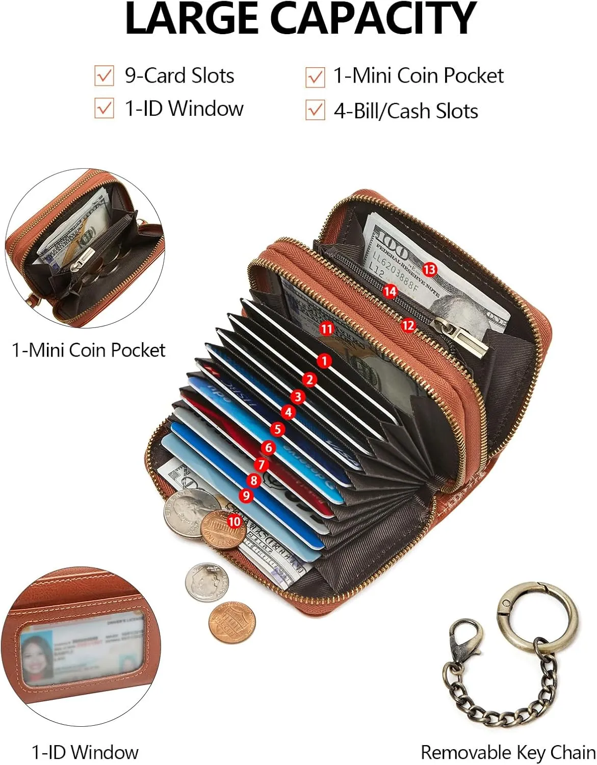 Credit Card Holder for Women, RFID Blocking Wallet Small Leather Wallet Women with Accordion Zipper, Card Wallet Keychain Brown