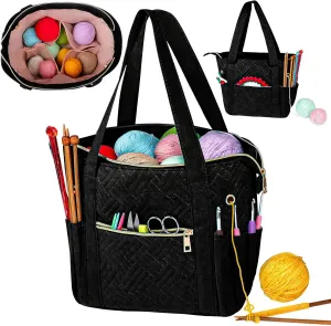 Crochet Bag Organizer for Yarn Storage, Velvet Knitting Tote Bag with Double Handle for Crochet Accessories, Portable Travel Case for Yarn Balls, Crochet Hooks& Knitting Needles Holder (Black)