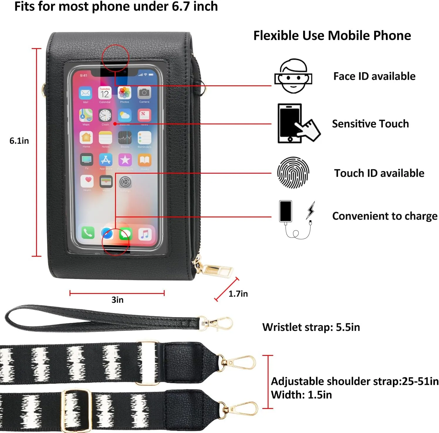 CrossBody Bags with Touchscreen Cell Phone Purse Window Zipper Pocket,RFID Blocking Card Holder iPhone bag for Women