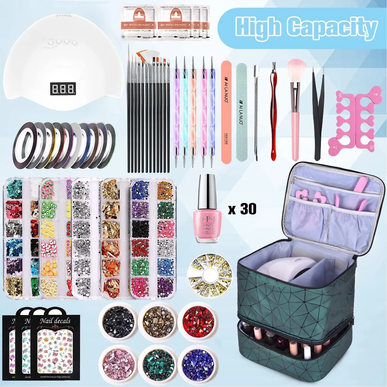 CTWWFS Nail Polish Organizer Holds 30 Bottles (15ml) and 1 Nail Light Nail Polish Carrying Case with Storage Pockets for Manicure Tools Double Layer Nail Storage Travel Bag with Handle (A-Green)