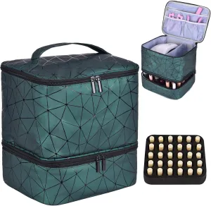 CTWWFS Nail Polish Organizer Holds 30 Bottles (15ml) and 1 Nail Light Nail Polish Carrying Case with Storage Pockets for Manicure Tools Double Layer Nail Storage Travel Bag with Handle (A-Green)