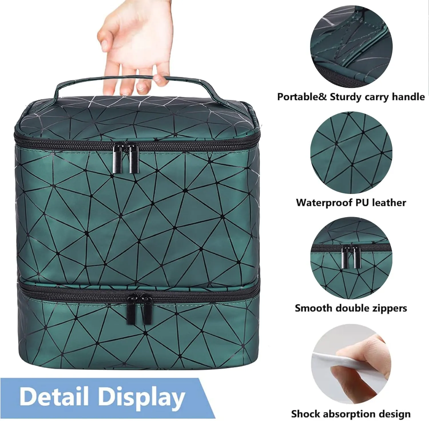 CTWWFS Nail Polish Organizer Holds 30 Bottles (15ml) and 1 Nail Light Nail Polish Carrying Case with Storage Pockets for Manicure Tools Double Layer Nail Storage Travel Bag with Handle (A-Green)