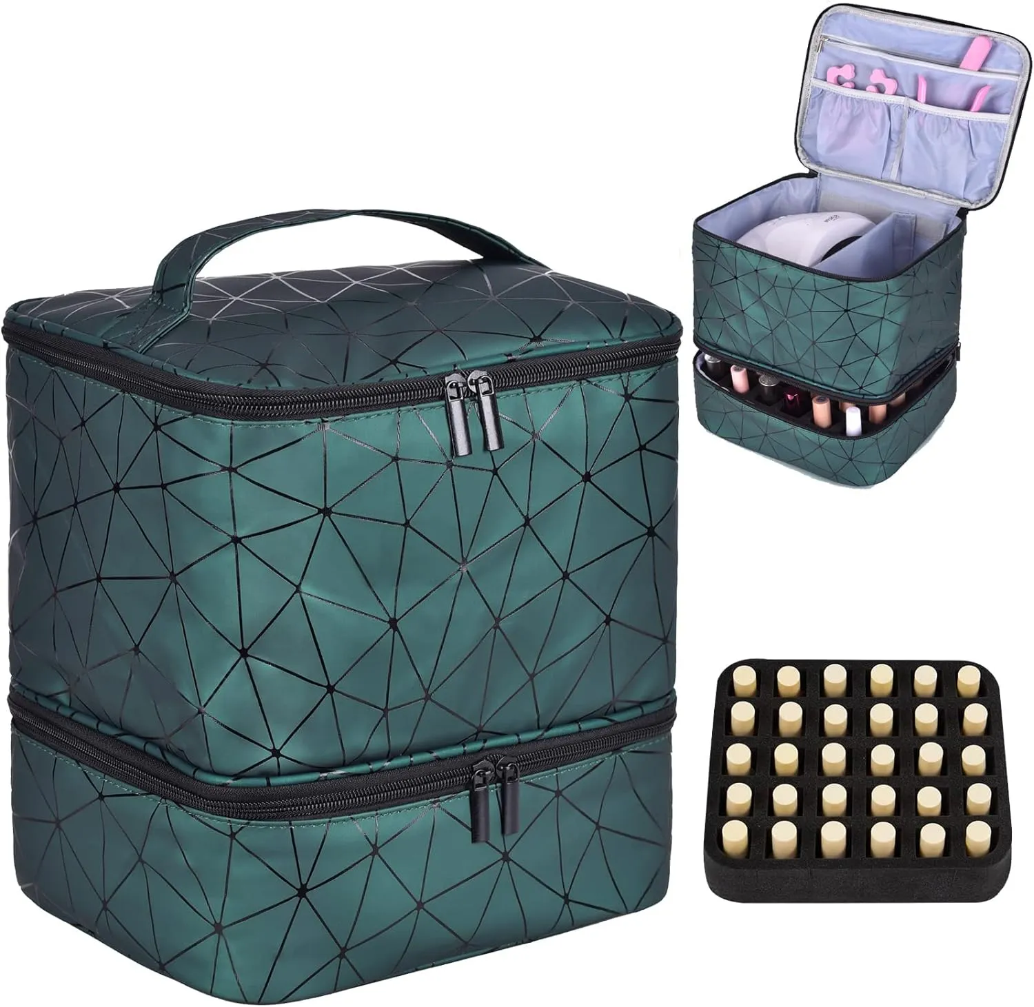 CTWWFS Nail Polish Organizer Holds 30 Bottles (15ml) and 1 Nail Light Nail Polish Carrying Case with Storage Pockets for Manicure Tools Double Layer Nail Storage Travel Bag with Handle (A-Green)