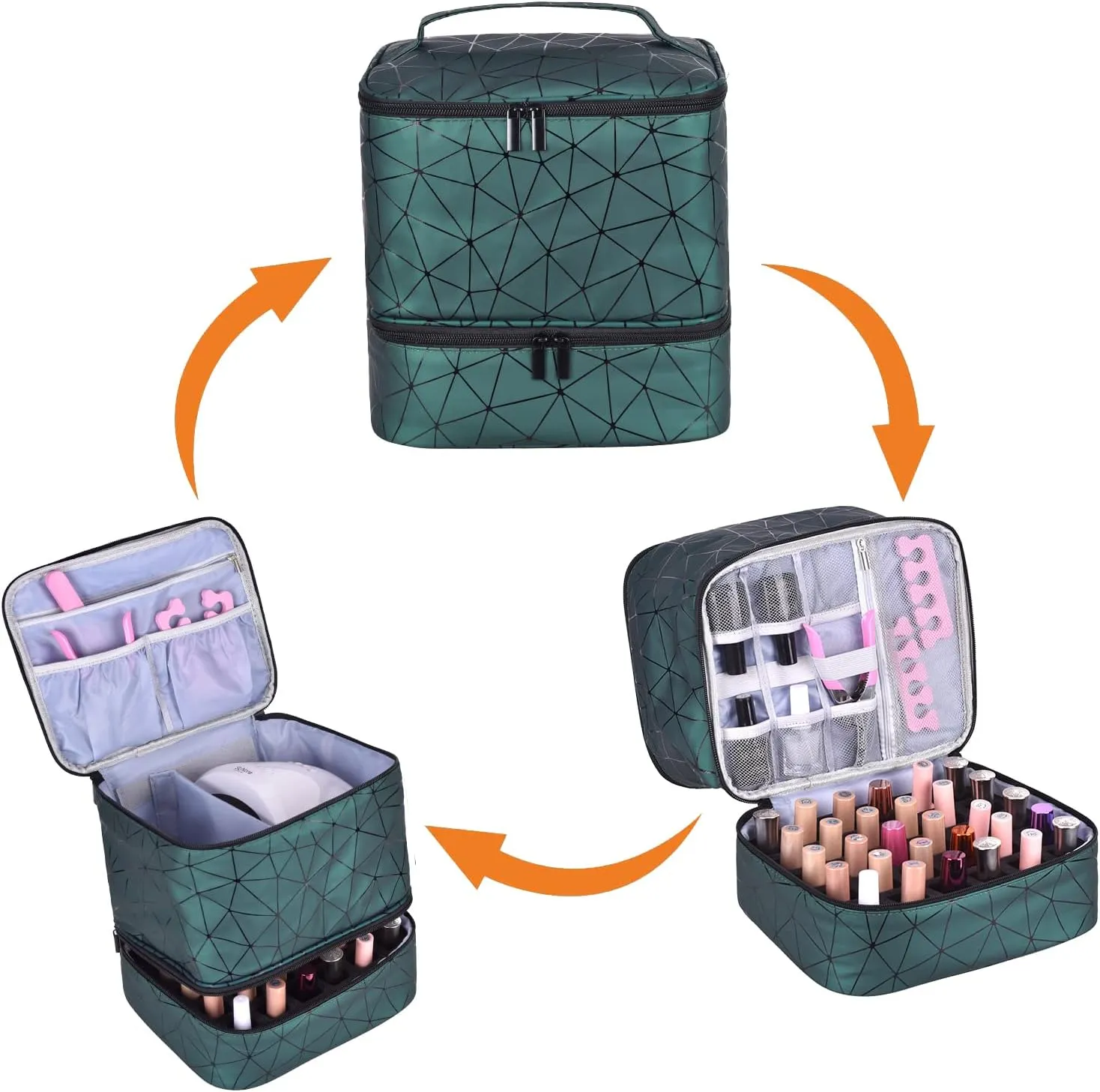CTWWFS Nail Polish Organizer Holds 30 Bottles (15ml) and 1 Nail Light Nail Polish Carrying Case with Storage Pockets for Manicure Tools Double Layer Nail Storage Travel Bag with Handle (A-Green)