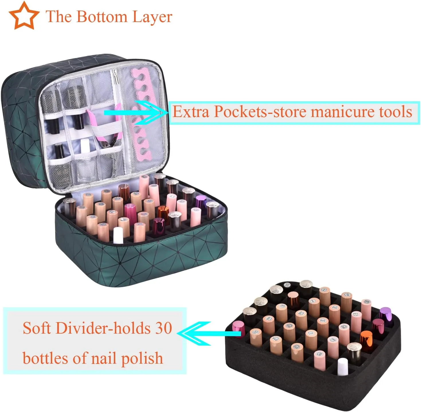 CTWWFS Nail Polish Organizer Holds 30 Bottles (15ml) and 1 Nail Light Nail Polish Carrying Case with Storage Pockets for Manicure Tools Double Layer Nail Storage Travel Bag with Handle (A-Green)