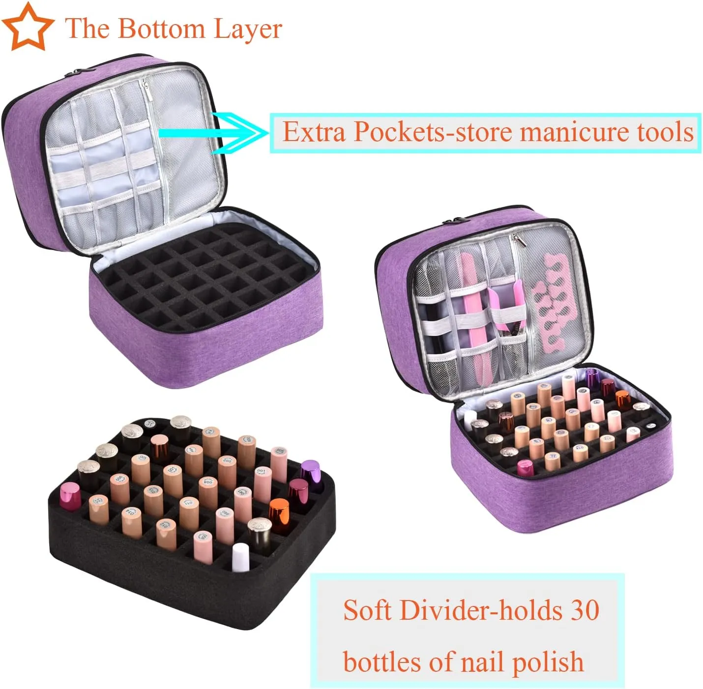 CTWWFS Nail Polish Organizer Holds 30 Bottles (15ml) and 1 Nail Light Nail Polish Carrying Case with Storage Pockets for Manicure Tools Double Layer Nail Storage Travel Bag with Handle (A-Purple)