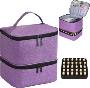 CTWWFS Nail Polish Organizer Holds 30 Bottles (15ml) and 1 Nail Light Nail Polish Carrying Case with Storage Pockets for Manicure Tools Double Layer Nail Storage Travel Bag with Handle (A-Purple)