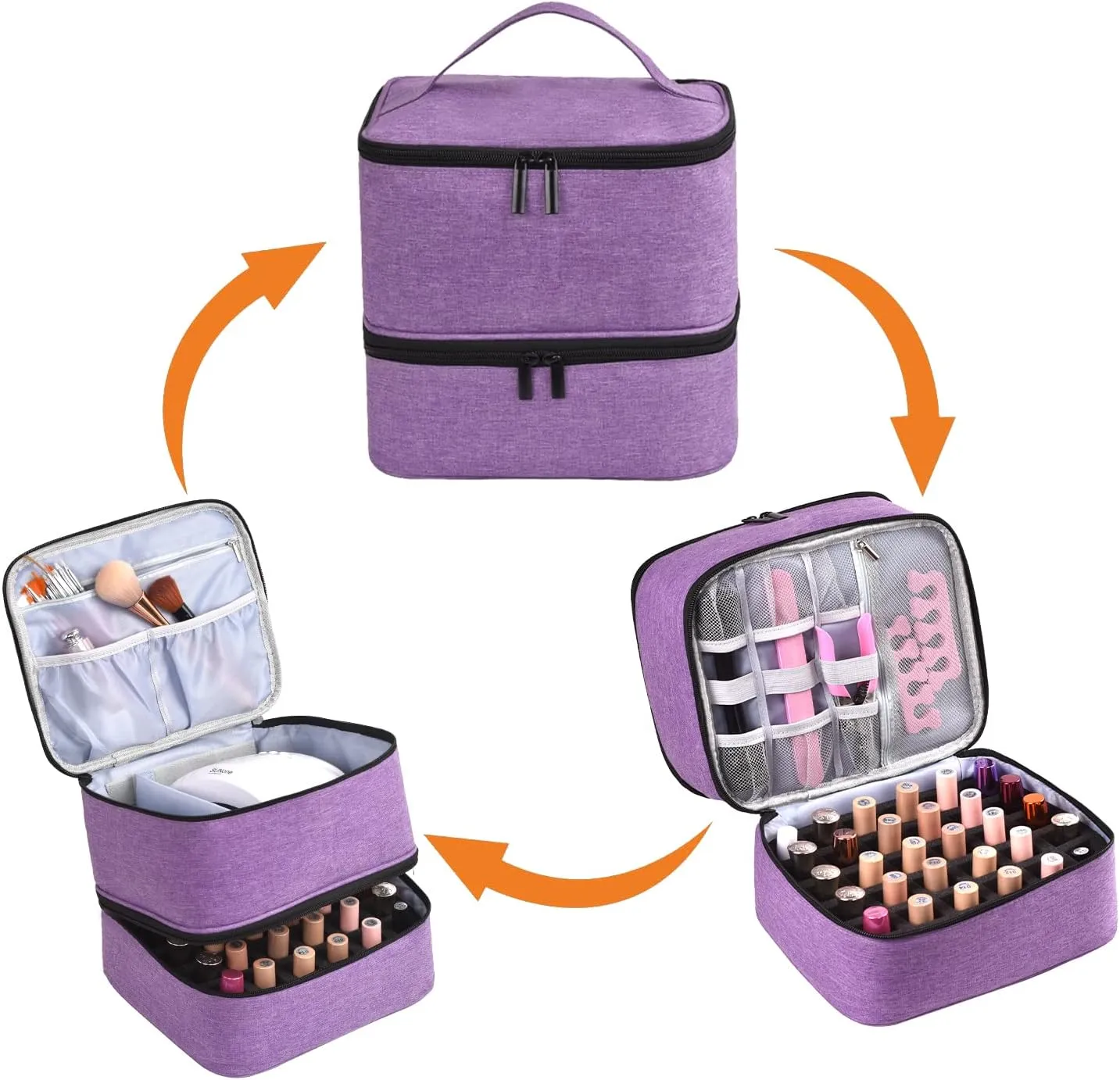 CTWWFS Nail Polish Organizer Holds 30 Bottles (15ml) and 1 Nail Light Nail Polish Carrying Case with Storage Pockets for Manicure Tools Double Layer Nail Storage Travel Bag with Handle (A-Purple)