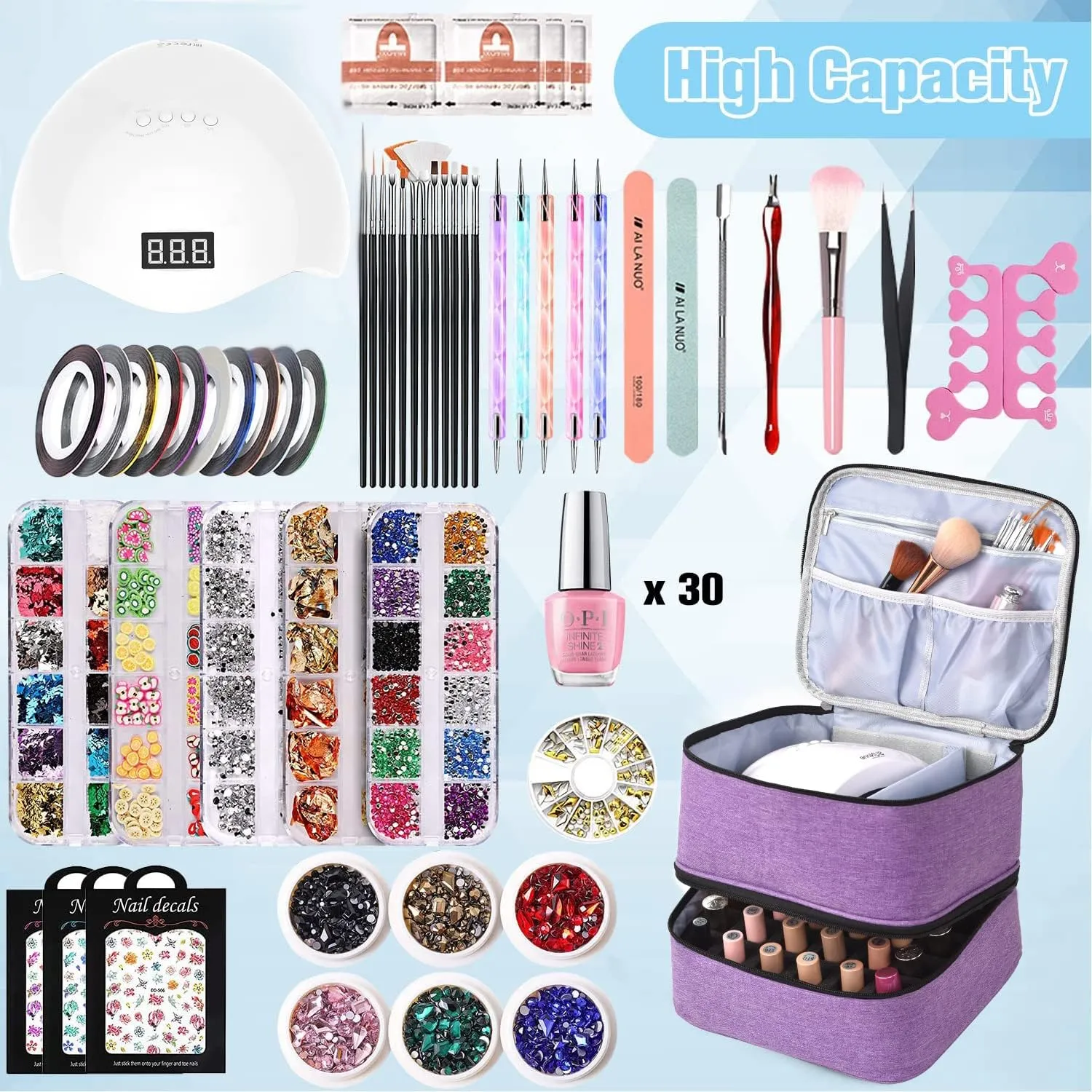 CTWWFS Nail Polish Organizer Holds 30 Bottles (15ml) and 1 Nail Light Nail Polish Carrying Case with Storage Pockets for Manicure Tools Double Layer Nail Storage Travel Bag with Handle (A-Purple)