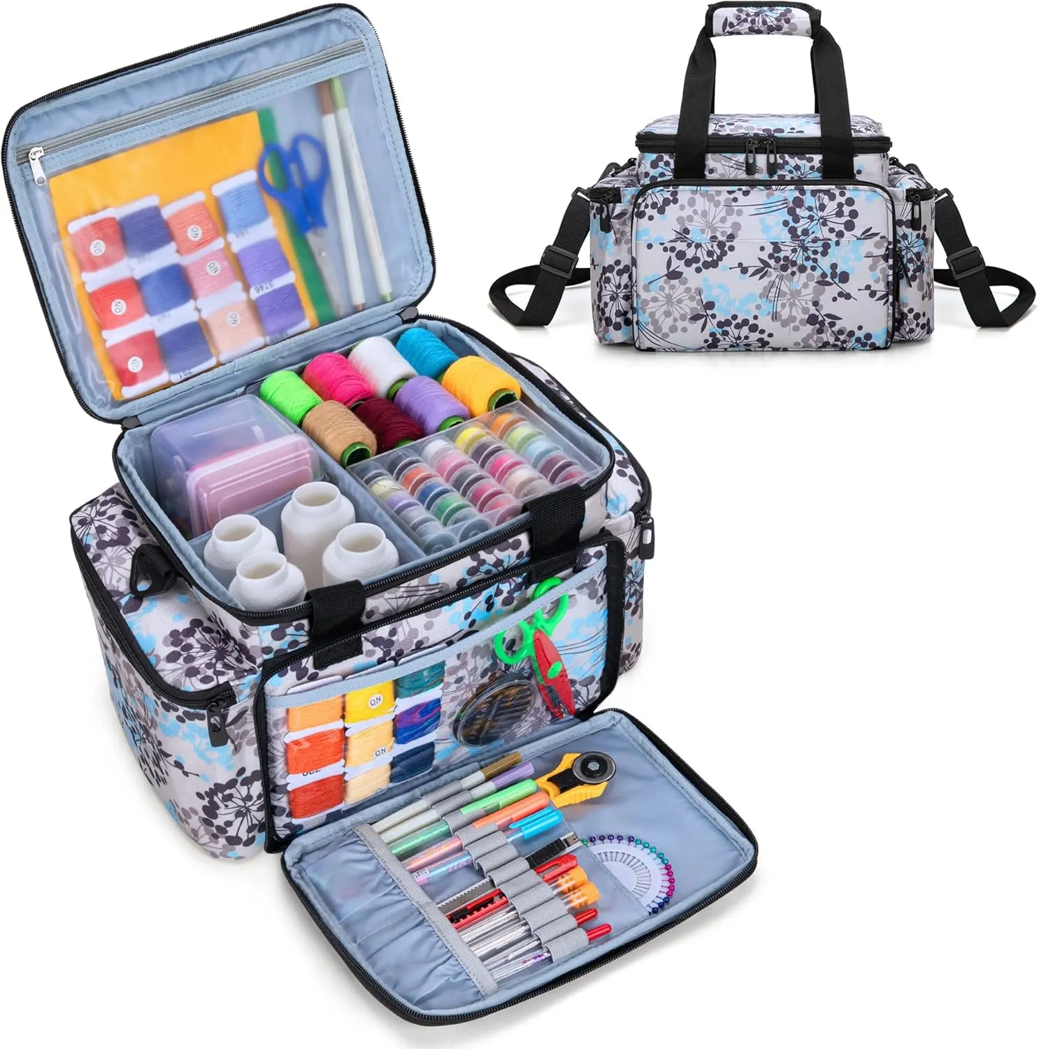 CURMIO Sewing Accessories Organizer, Large Sewing Supplies Storage Bag with Shoulder Strap for Spool Thread, Scissor and Sewing Needles, Dandelion (Bag Only)