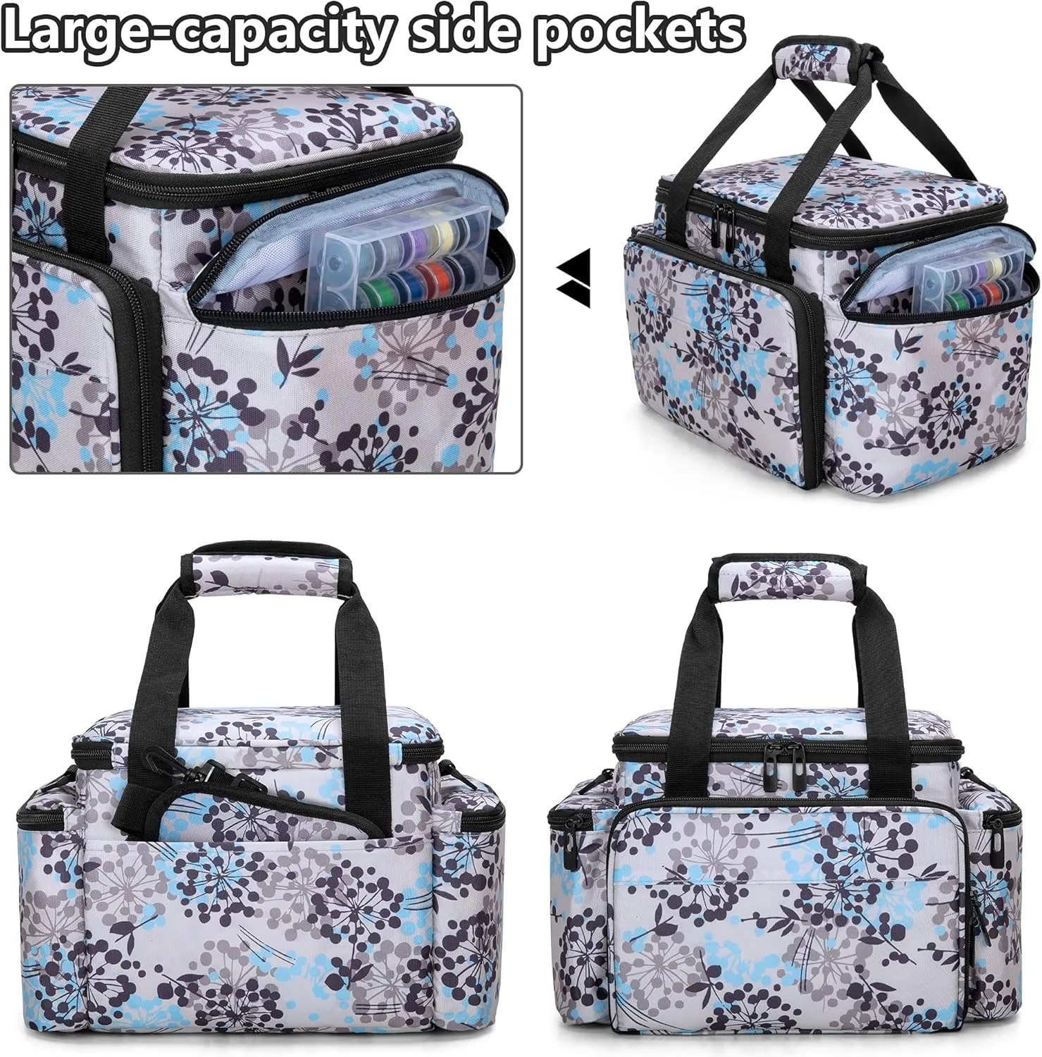 CURMIO Sewing Accessories Organizer, Large Sewing Supplies Storage Bag with Shoulder Strap for Spool Thread, Scissor and Sewing Needles, Dandelion (Bag Only)