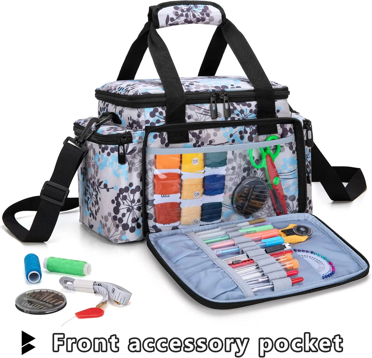 CURMIO Sewing Accessories Organizer, Large Sewing Supplies Storage Bag with Shoulder Strap for Spool Thread, Scissor and Sewing Needles, Dandelion (Bag Only)
