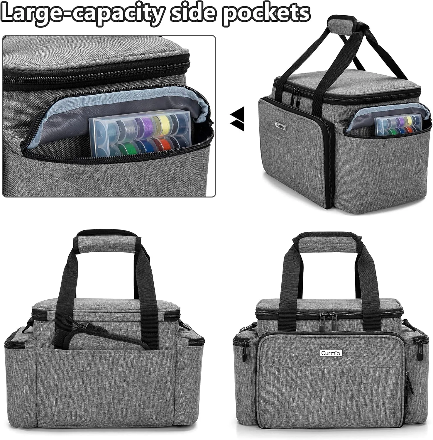 CURMIO Sewing Accessories Organizer, Large Sewing Supplies Storage Bag with Shoulder Strap for Spool Thread, Scissor and Sewing Needles, Gray (Bag Only)