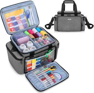 CURMIO Sewing Accessories Organizer, Large Sewing Supplies Storage Bag with Shoulder Strap for Spool Thread, Scissor and Sewing Needles, Gray (Bag Only)