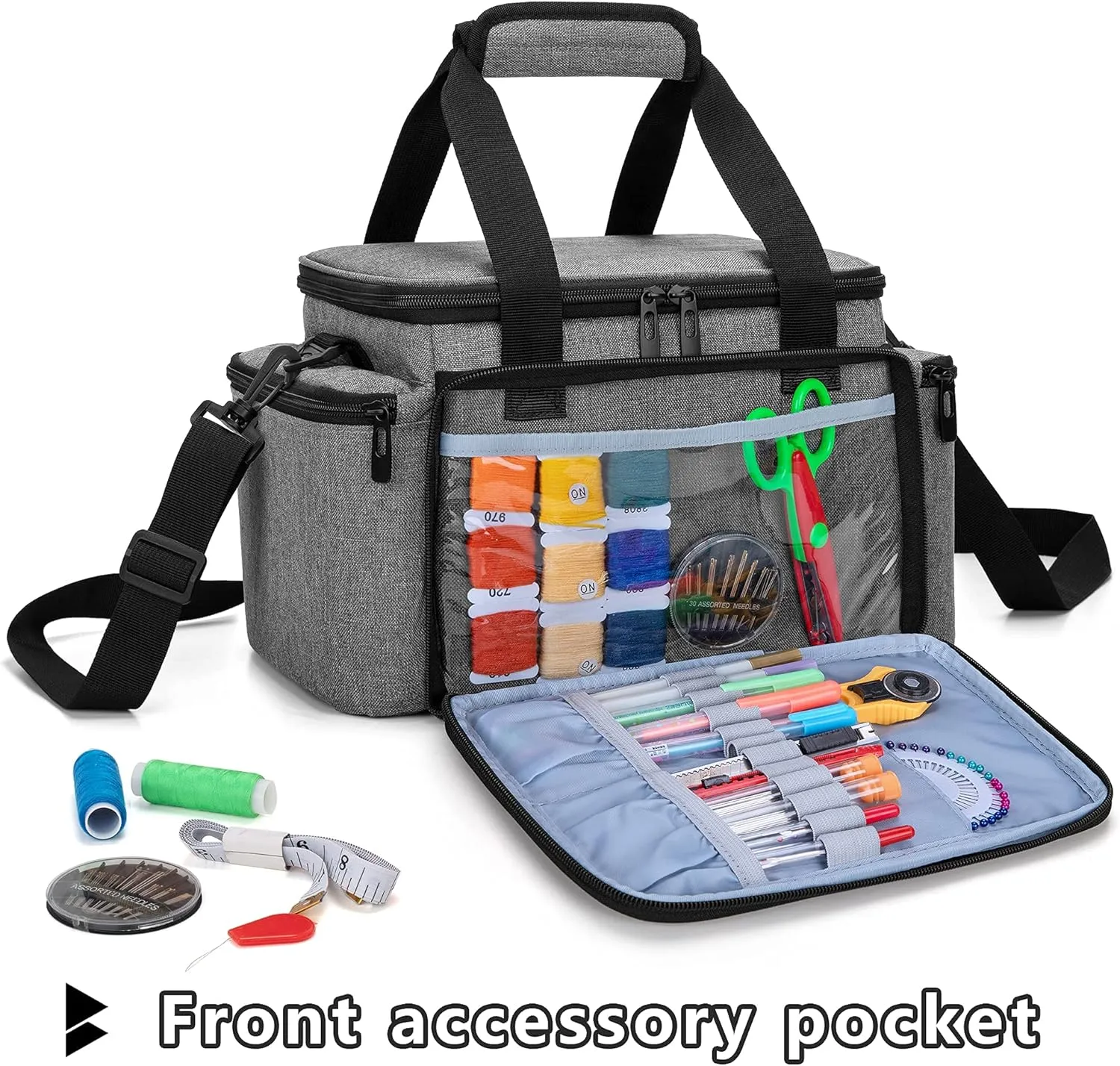 CURMIO Sewing Accessories Organizer, Large Sewing Supplies Storage Bag with Shoulder Strap for Spool Thread, Scissor and Sewing Needles, Gray (Bag Only)