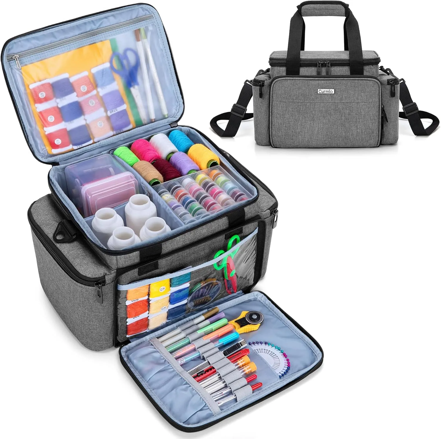 CURMIO Sewing Accessories Organizer, Large Sewing Supplies Storage Bag with Shoulder Strap for Spool Thread, Scissor and Sewing Needles, Gray (Bag Only)