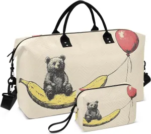 Cute Bear Banana Balloon Duffel Bag for Traveling, Travel Bag Gym Bag, with Multiple Interior Pockets Shoulder Weekender Bag for Women Men with Toiletry Bag 20.5L x 1.9W x 13.8H