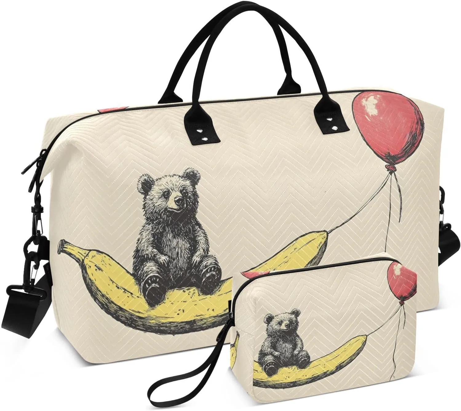 Cute Bear Banana Balloon Duffel Bag for Traveling, Travel Bag Gym Bag, with Multiple Interior Pockets Shoulder Weekender Bag for Women Men with Toiletry Bag 20.5L x 1.9W x 13.8H