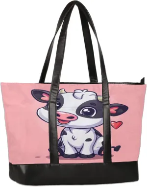 Cute Cartoon Cow Laptop Tote Bag for Women Lightweight Work Purse with Multiple Compartments Fits 13-15.6 Inch Laptop Tablet Shoulder Bag for Office Travel Daily Use