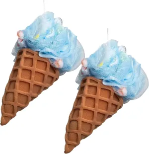 Cute Deep Cleansing Body Pouf Loofa Scrubber for Bath and Shower, Soft Sponge with Mesh, Blue Ice Cream Cone - Pack of 2