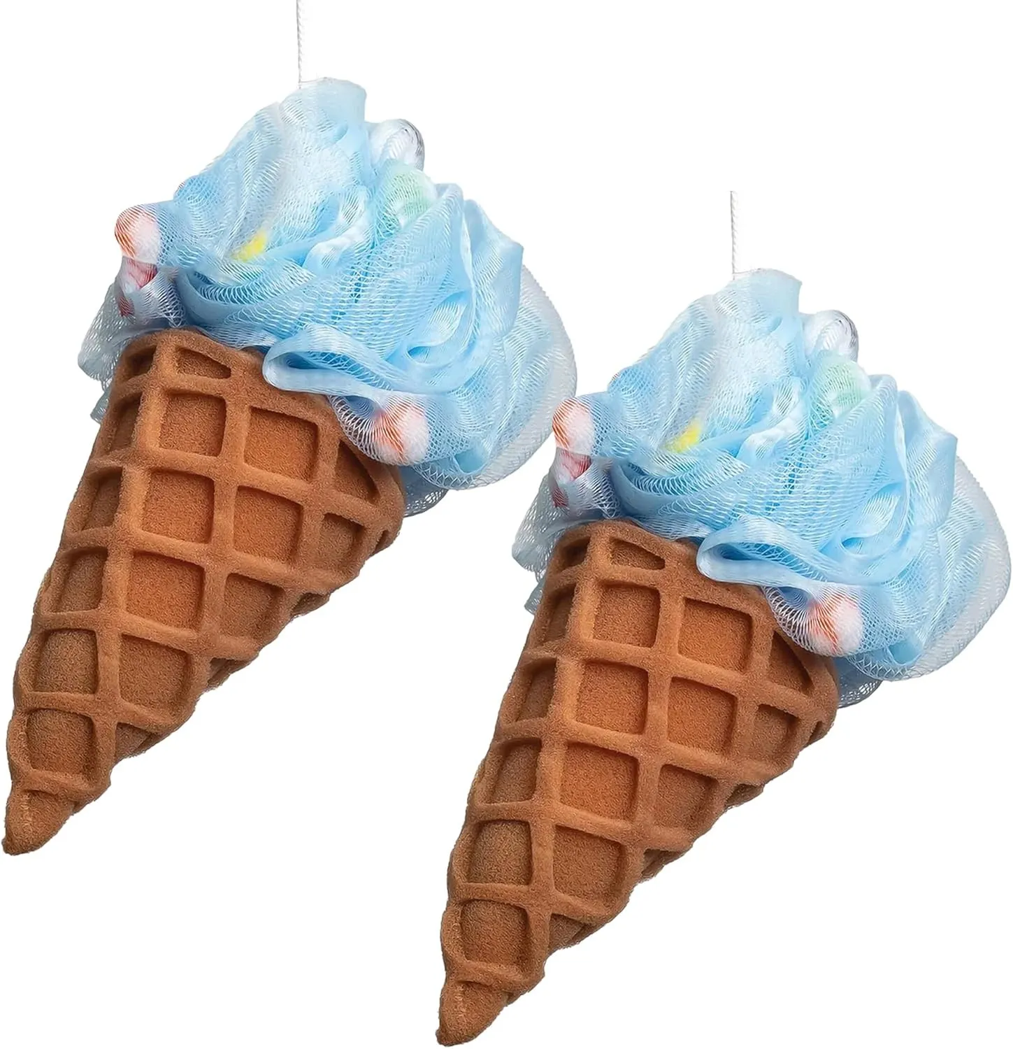Cute Deep Cleansing Body Pouf Loofa Scrubber for Bath and Shower, Soft Sponge with Mesh, Blue Ice Cream Cone - Pack of 2