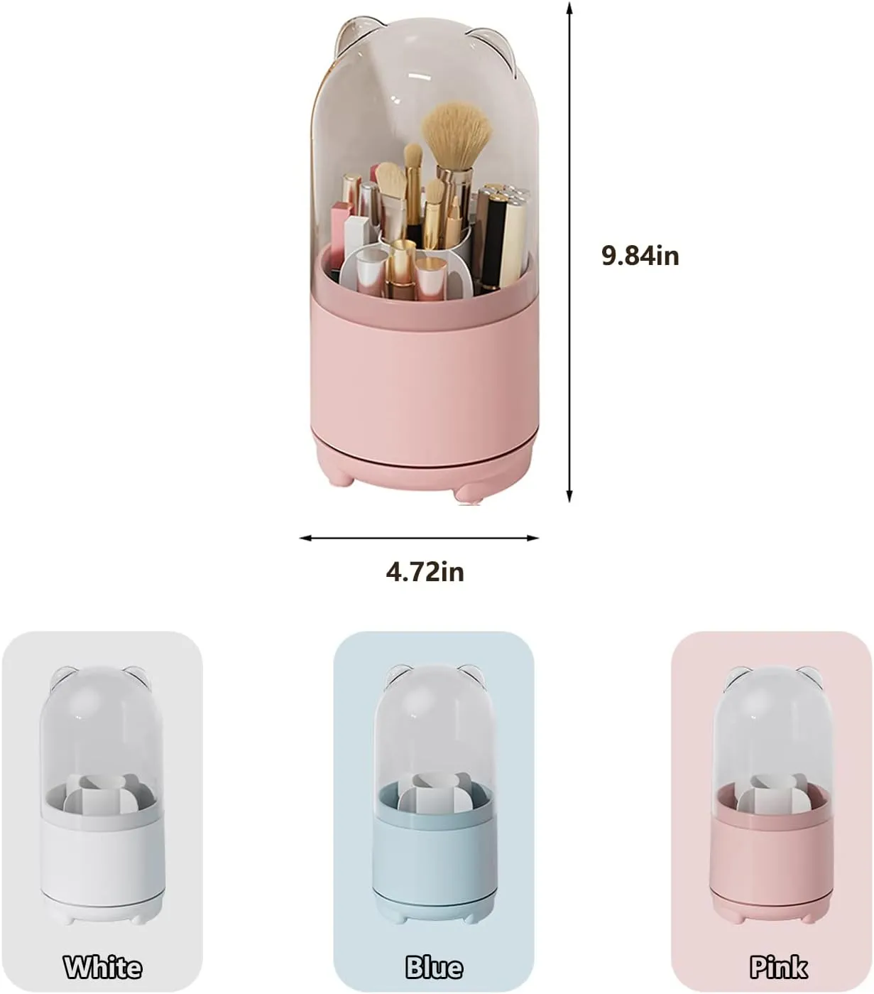 Cute Makeup Brush Holder Organizer with Lid, Rotating Dustproof Make Up Brushes Container with Clear Acrylic Cover for Vanity Desktop Bathroom Countertop