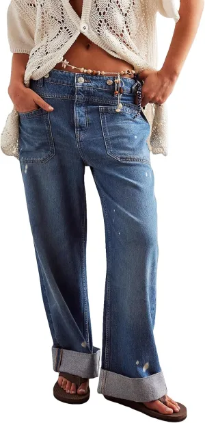 D-Sun Women Wide Leg Jeans Mid Rise Casual Straight Leg Denim Pants Baggy Boyfriend Cargo Jeans with Pockets