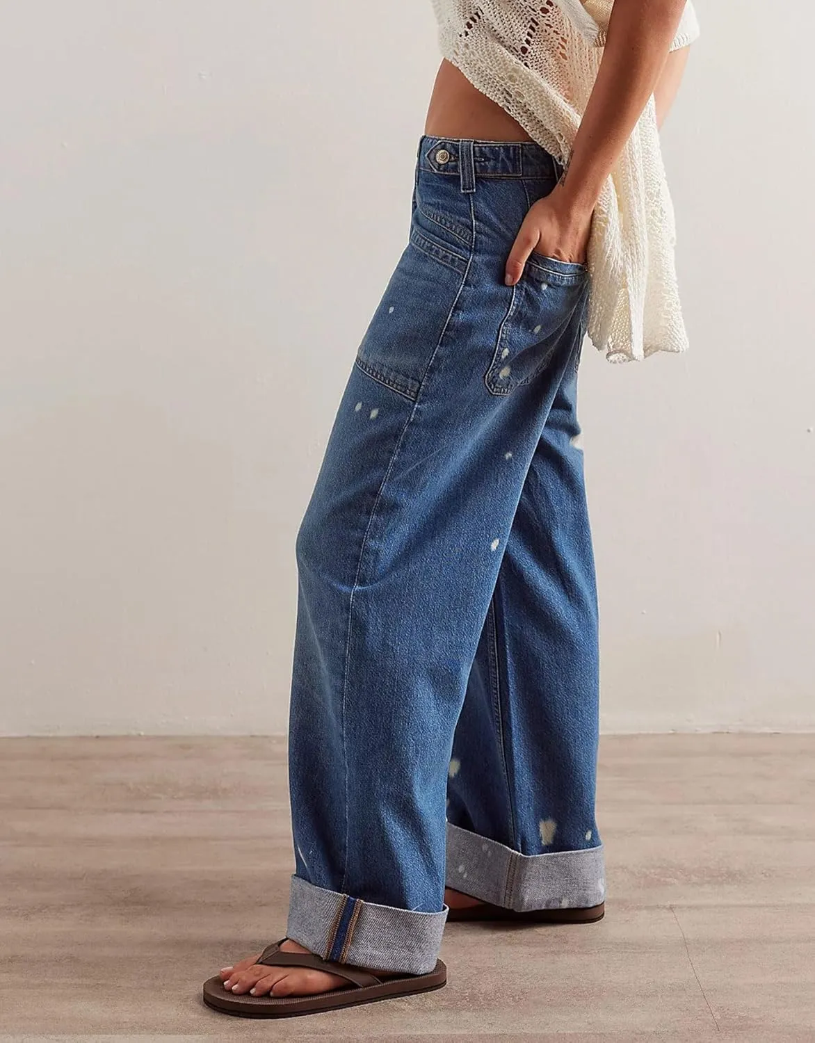 D-Sun Women Wide Leg Jeans Mid Rise Casual Straight Leg Denim Pants Baggy Boyfriend Cargo Jeans with Pockets