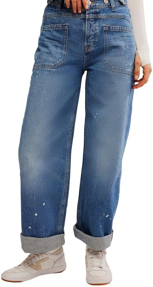 D-Sun Women Wide Leg Jeans Mid Rise Casual Straight Leg Denim Pants Baggy Boyfriend Cargo Jeans with Pockets