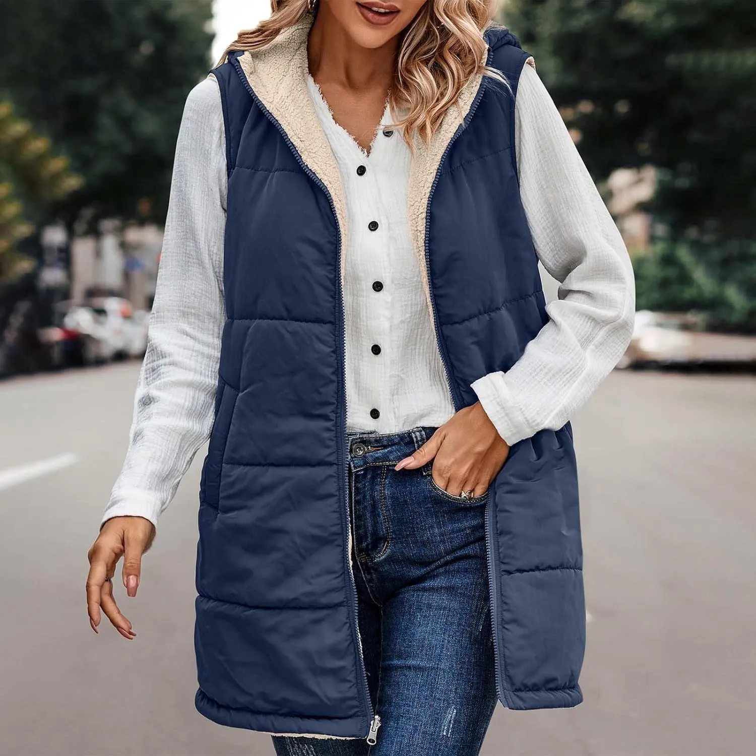 Dademeo Womens Warm Winter Coats Reversible Fleece Long Hooded Puffer Jackets Outerwear 2023 Fashion Solid Cotton Trench Coat