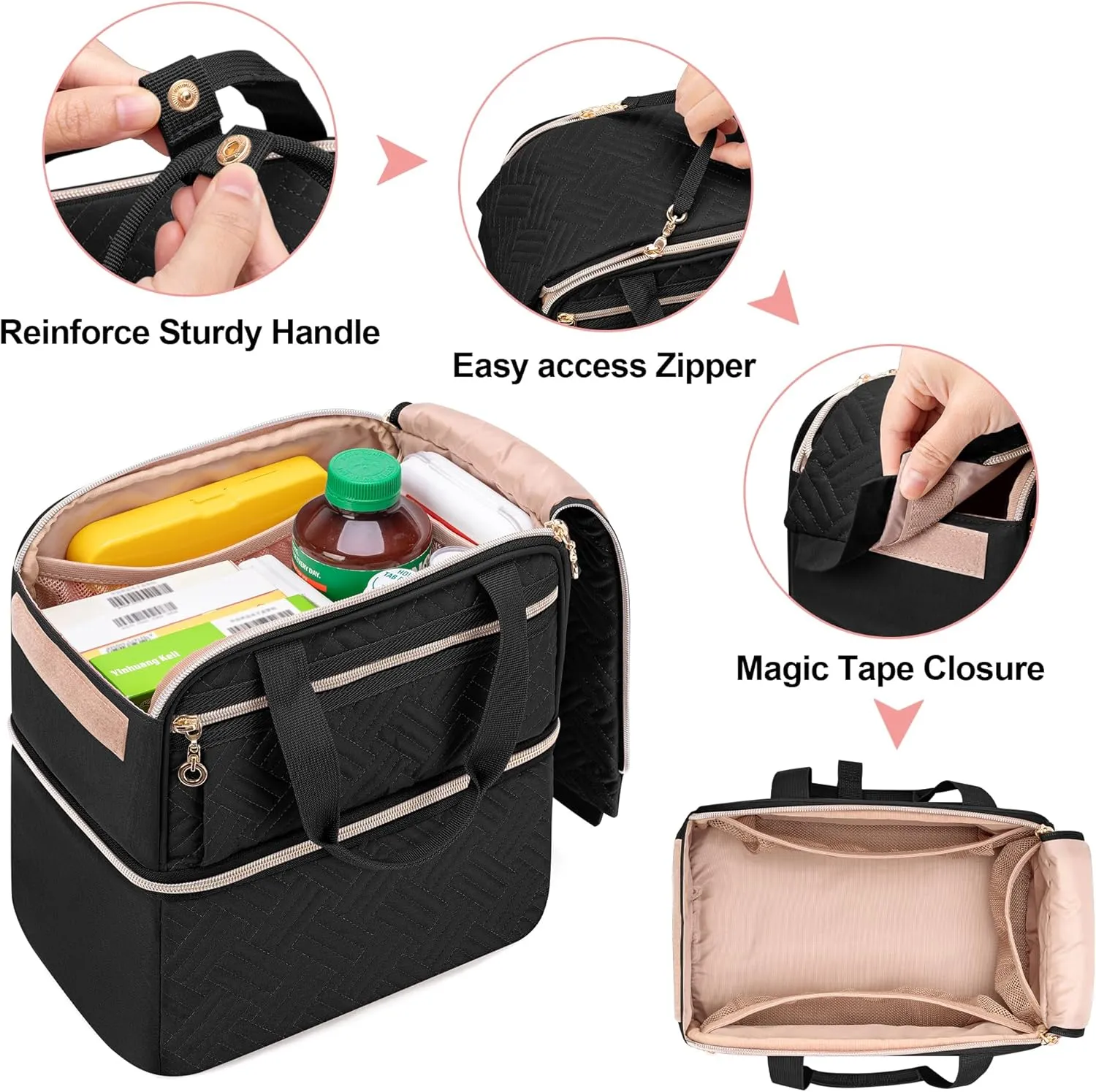 Damero Double Layers Pill Bottle Organizer Empty, Lockable Medicine Storage Bag Medication Travel Bag with 4 Customized Dividers for Prescription Bottles, Medical Supplements,Black