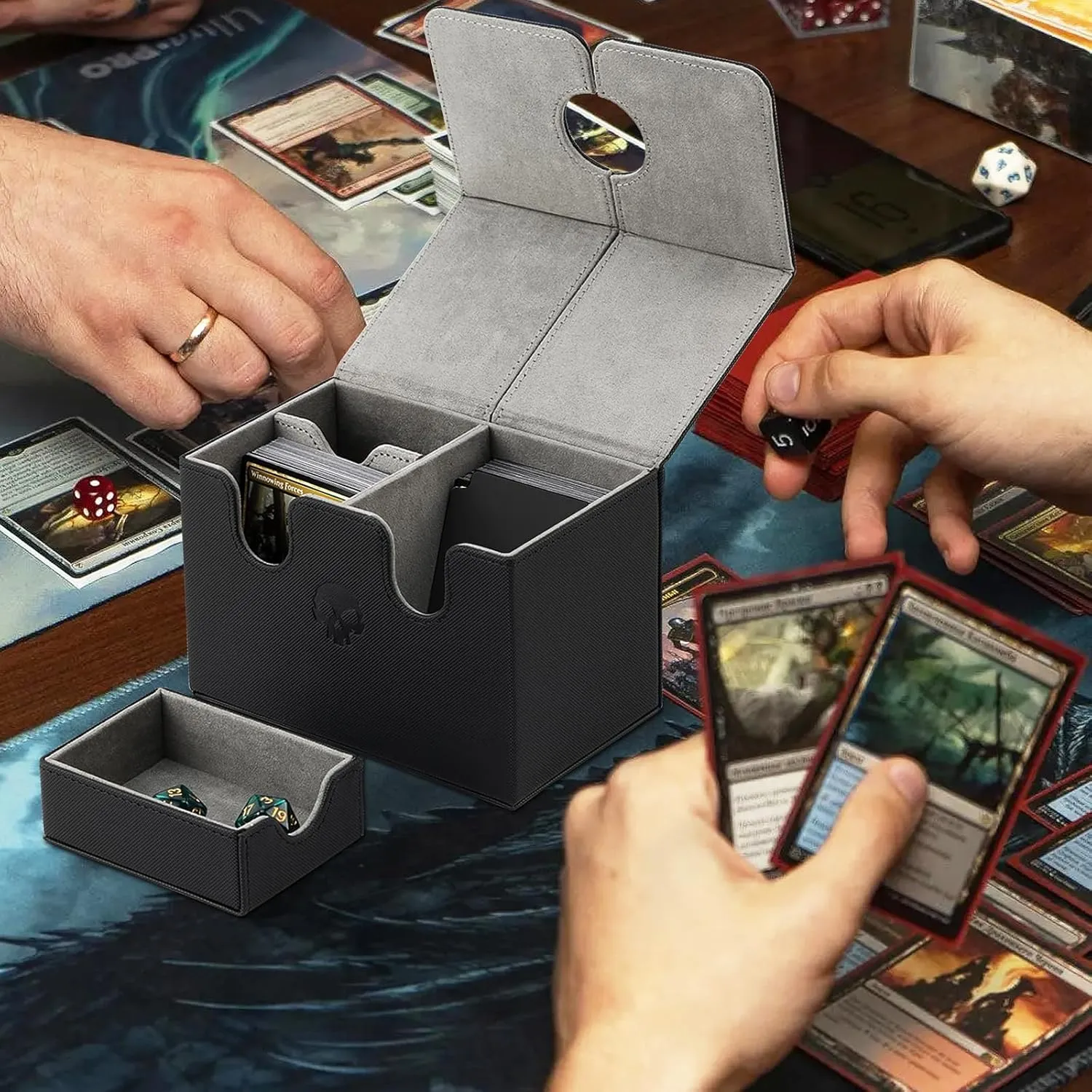 DaMohony Card Deck Box Holds 350  Single Sleeved Cards PU Leather Magnetic Deck Box with Dice Tray for TCG CCG Magic Game Cards