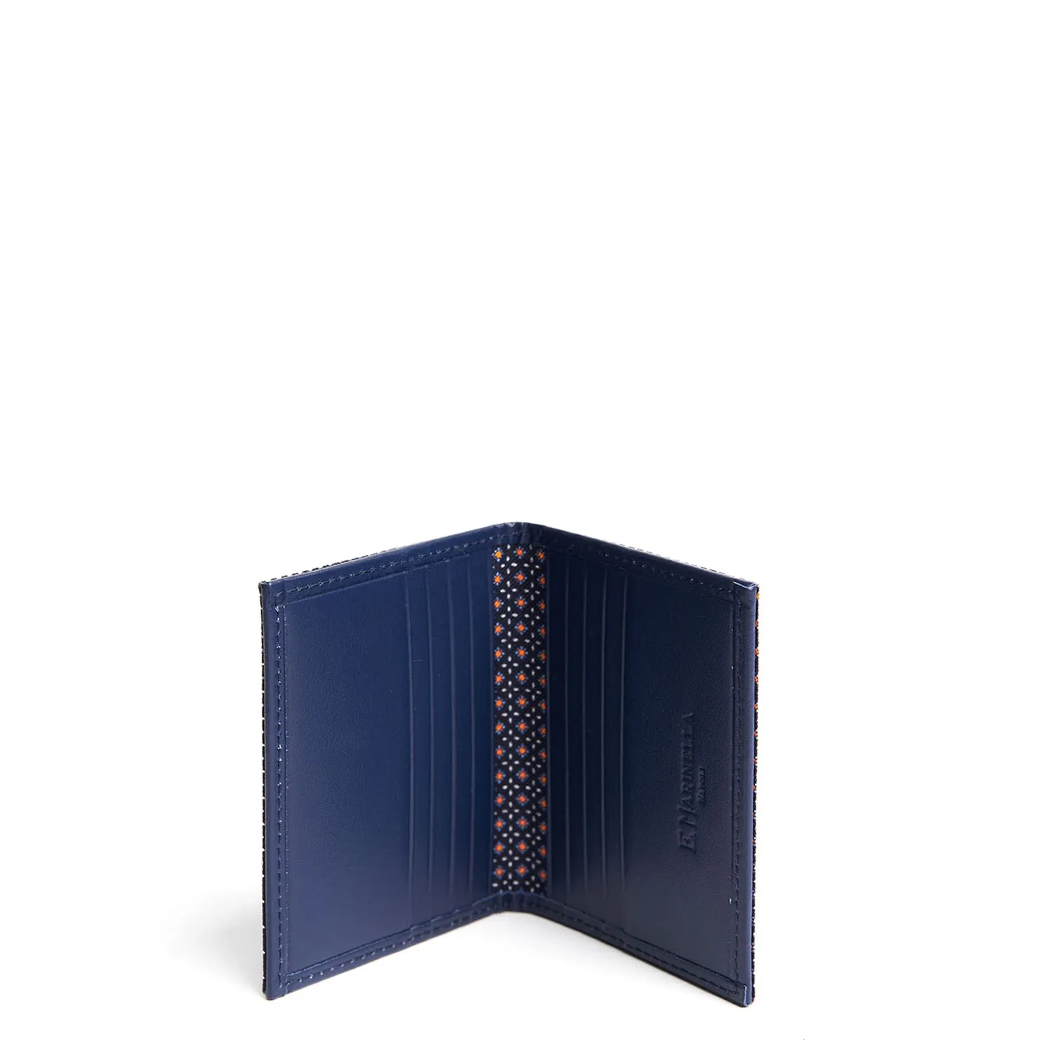 DARK BLUE SILK AND LEATHER FOLDING CARD HOLDER